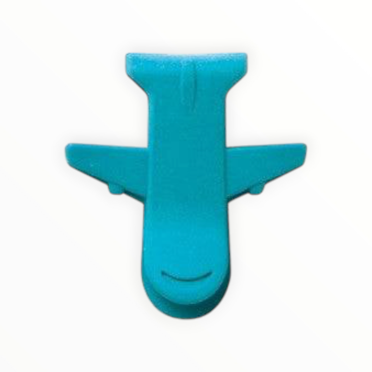 A turquoise blue airplane-shaped item, likely a small accessory or tool, centered on a plain white background.