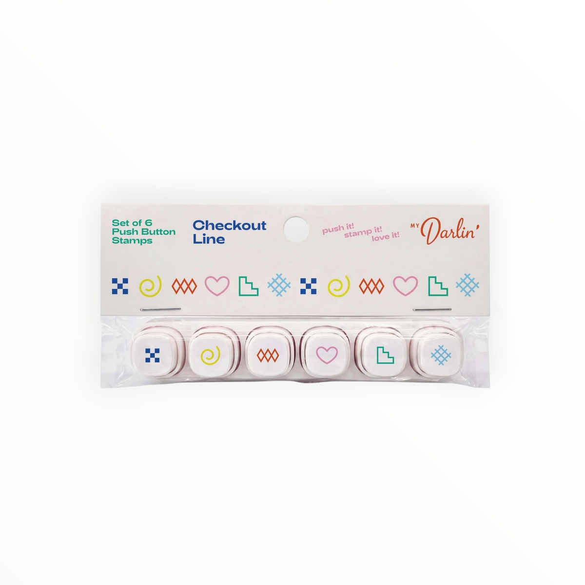 A set of six checkout line push button stamps in a clear plastic sleeve on a white backing card. The cards are printed with colorful icons and the text 'Checkout Line' and 'Darlin'. Brand My Darlin'.