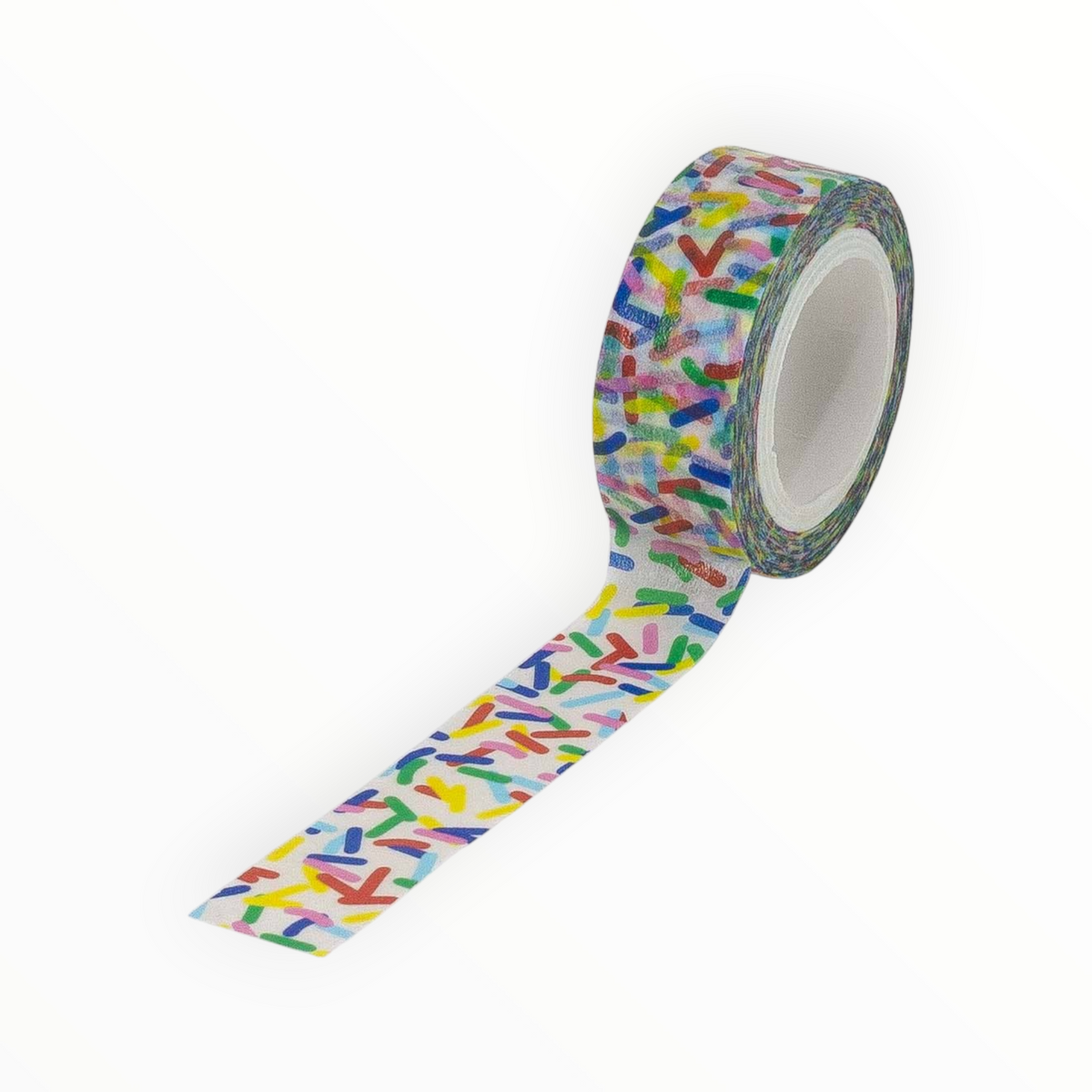 A roll of washi tape with a colorful abstract brushstroke pattern on a white background, with one strip unrolled to show the pattern.