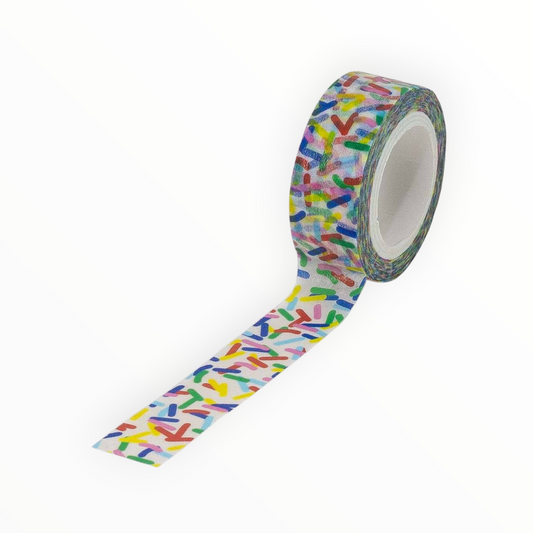 A roll of washi tape with a colorful abstract brushstroke pattern on a white background, with one strip unrolled to show the pattern.