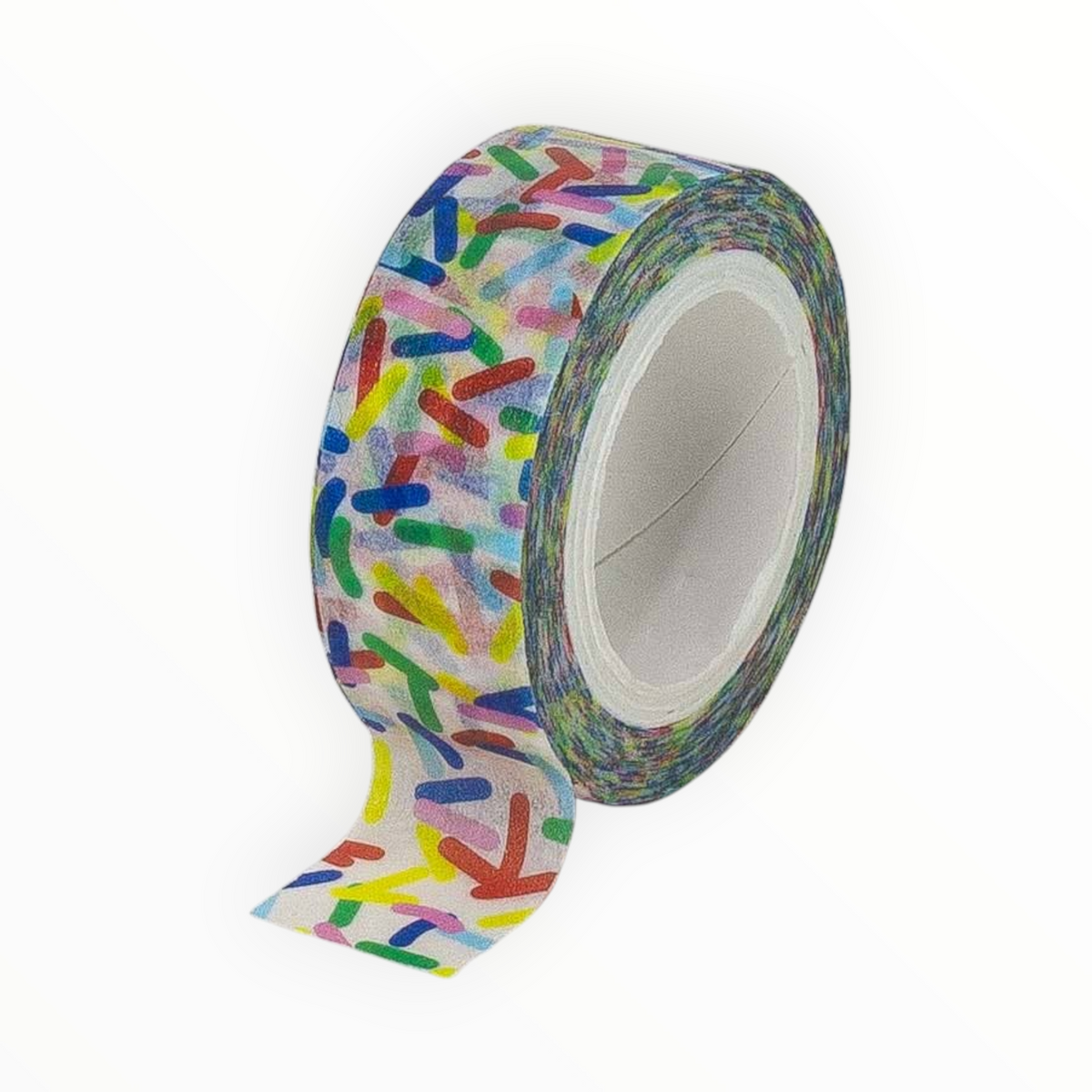 A roll of washi tape featuring a colorful sprinkle pattern on a white background, with a small strip unrolled to show the design.