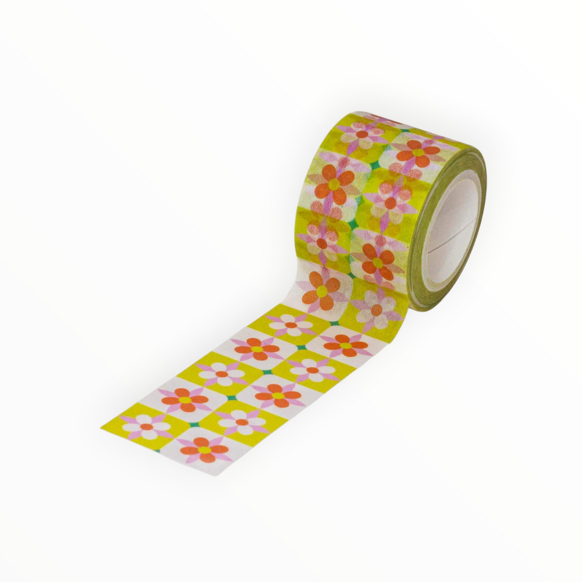 A roll of decorative washi tape with a retro floral pattern, shown partially unrolled on a clean white background.