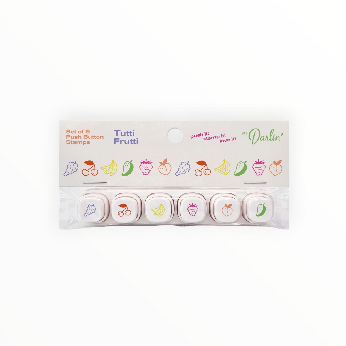 A set of six fruit-themed push button stamps in their original packaging, featuring illustrations of grapes, cherries, bananas, strawberries, peaches, and peppers on a white background. Tutti Frutti stamps by brand My Darlin'.