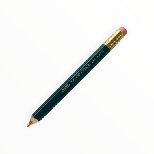 A dark green Ohto Sharp Pencil 2B with gold lettering, a gold ferrule, and a pink eraser, shown diagonally on a plain white background.