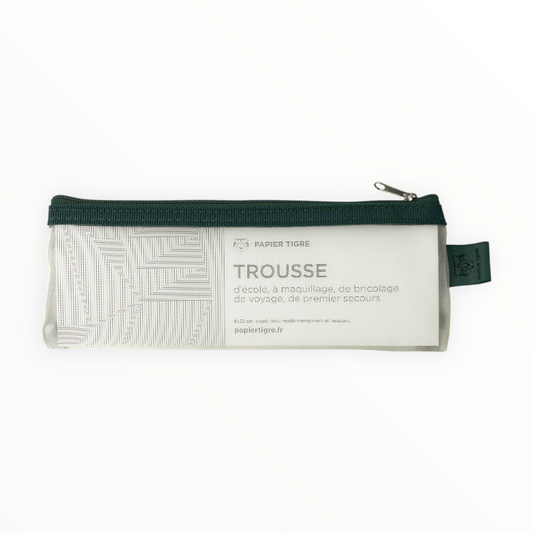 Pencil Case by Papier Tigre, yellow transparent mesh with green trim and zipper, 9 x 3.25 inches