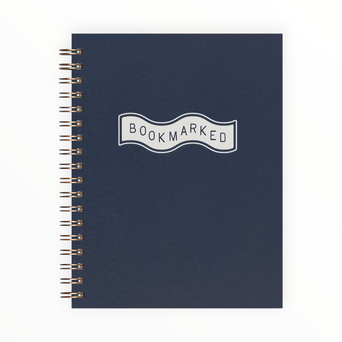 Bookmarked Book Log Reading Journal by Ruff House Print Shop, deep blue cover with white ink, gold wire-o binding, 60 pages, 6.5 x 5.25 inches, Lawrence KS