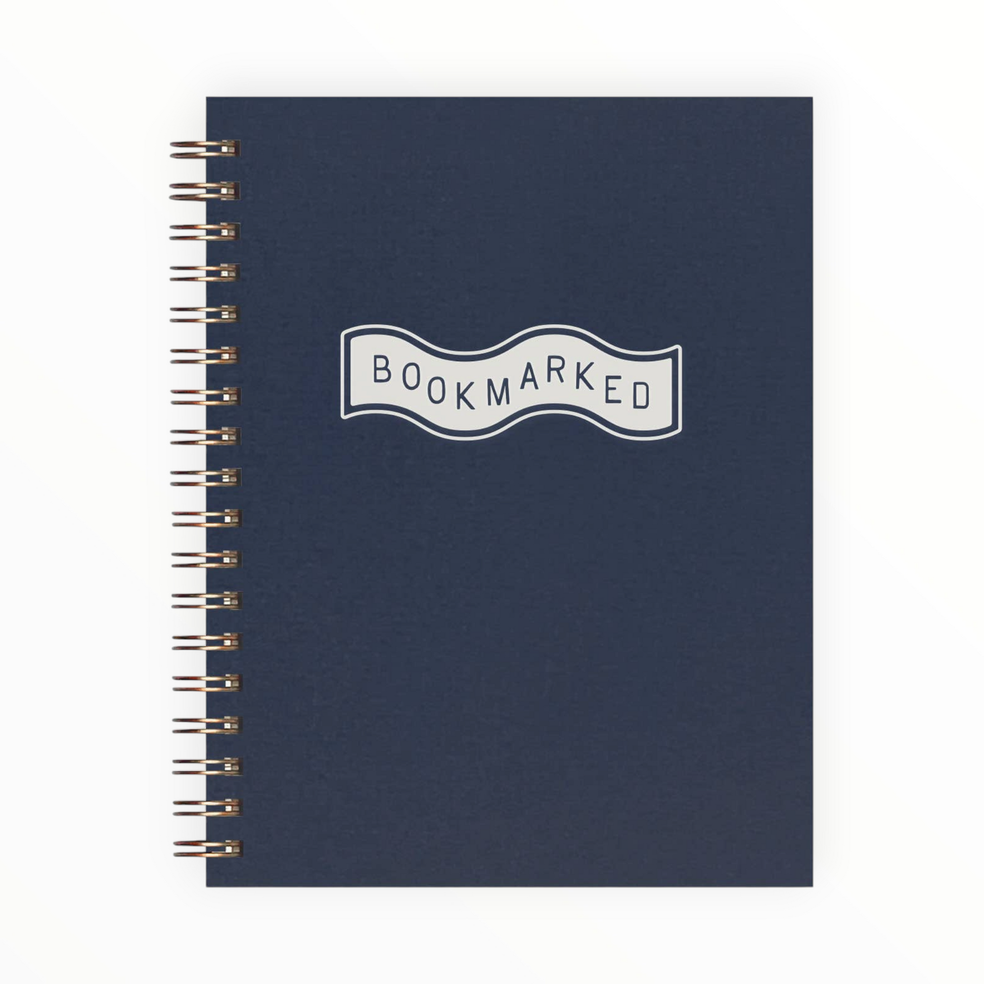 Bookmarked Book Log Reading Journal by Ruff House Print Shop, deep blue cover with white ink, gold wire-o binding, 60 pages, 6.5 x 5.25 inches, Lawrence KS