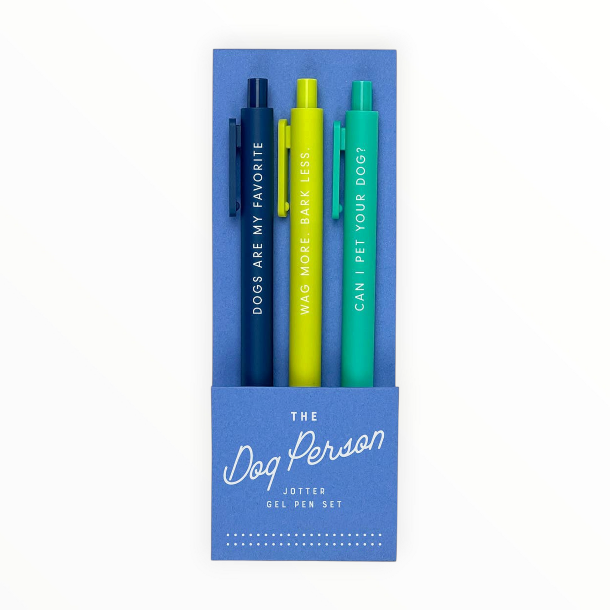 The Dog Person Jotter Gel Pen Set of 3 by Ruff House Print Shop, navy citron and teal pens with matching ink, Dogs Are My Favorite Wag More Bark Less Can I Pet Your Dog, Lawrence KS