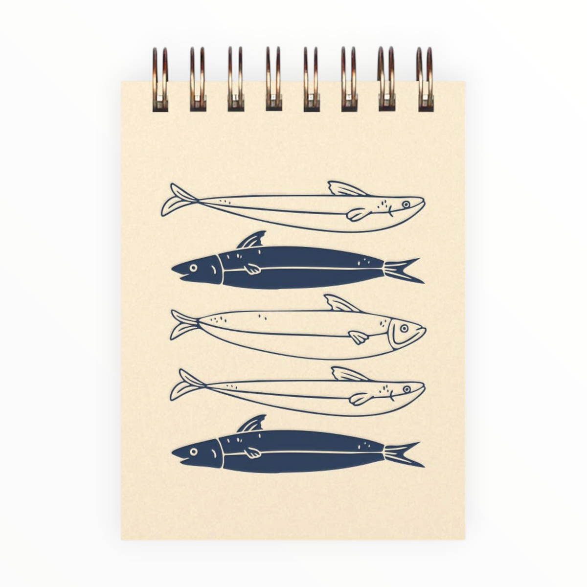 Fishes Mini Jotter Notebook by Ruff House Print Shop, French vanilla with deep blue ink, bronze wire-o binding, 65 unlined pages, 3 x 4 inches, Lawrence KS