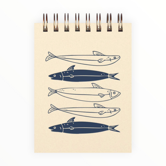 Fishes Mini Jotter Notebook by Ruff House Print Shop, French vanilla with deep blue ink, bronze wire-o binding, 65 unlined pages, 3 x 4 inches, Lawrence KS
