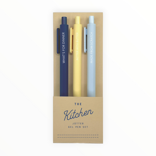 The Kitchen Jotter Gel Pen Set of 3 by Ruff House Print Shop, navy yellow and light blue pens, What's for Dinner Better with Butter Made from Scratch, Lawrence KS