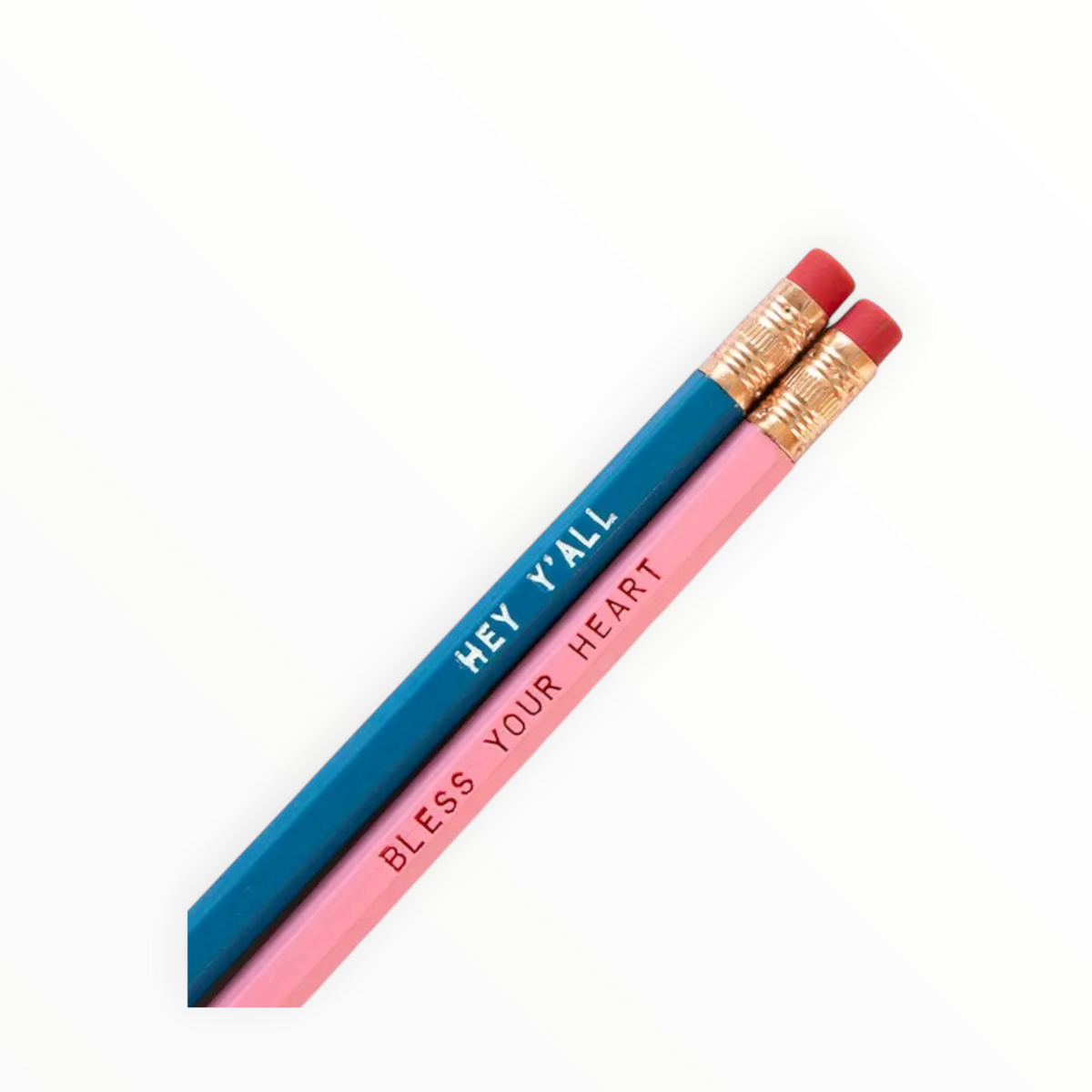 Two decorative wooden pencils, one teal blue and one light pink, overlapping on a white background. The teal pencil has white text reading 'HEY Y'ALL' and the pink pencil has white text reading 'BLESS YOUR HEART'.
