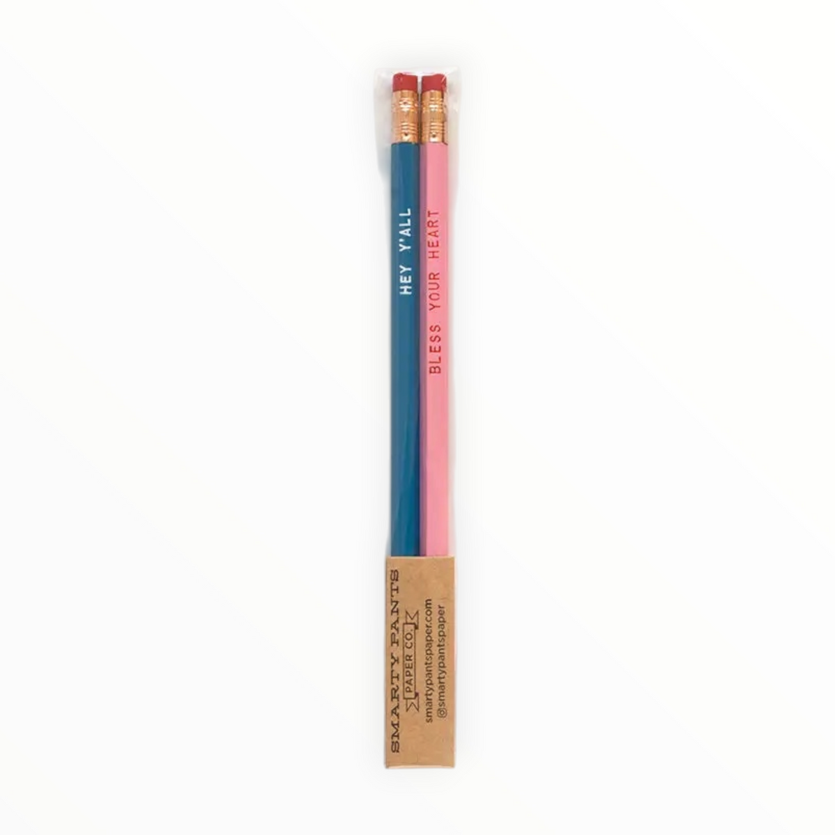 Hey Y'All Bless Your Heart set of 2 pencils by Smarty Pants Paper Co., pink with red imprint and blue with white imprint, unsharpened