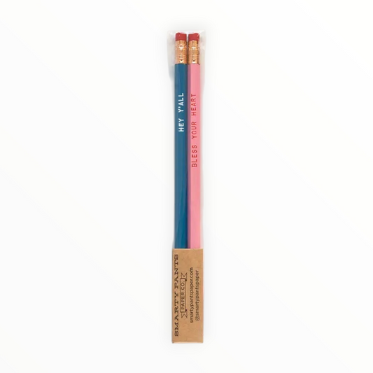 Hey Y'All Bless Your Heart set of 2 pencils by Smarty Pants Paper Co., pink with red imprint and blue with white imprint, unsharpened