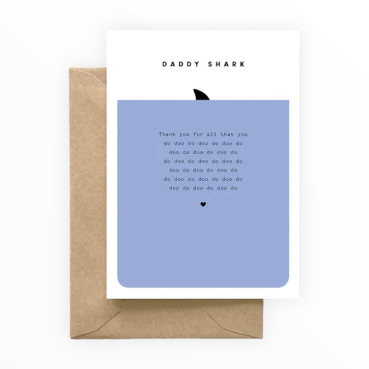 Daddy Shark Father's Day card by Spaghetti & Meatballs, blank interior, kraft envelope, 4.5 x 6.25 inches