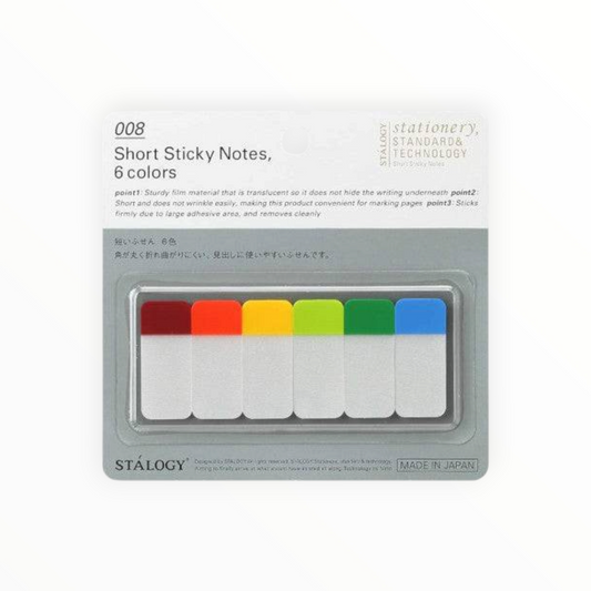 Stalogy 008 Short Sticky Notes, 6 colors, in a clear blister pack on a gray backing card, showing six rectangular sticky notes in red, orange, yellow, green, light green, and blue.