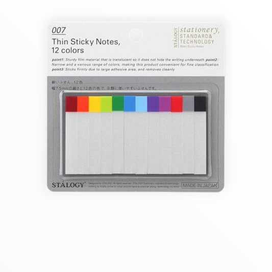 A pack of 12 StaLoGy Thin Sticky Notes in 007 size, featuring 12 different translucent color tabs in a clear window on a gray backing card, shown against a plain white background.