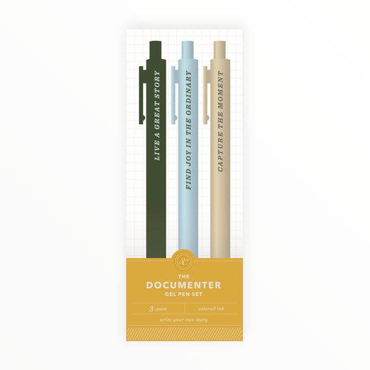 The Documenter Gel Pen Set by Studio Calico, 3 pack 0.5mm gel pens, dark green light blue and metallic gold ink