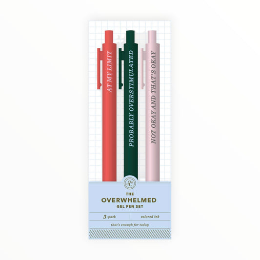 The Overwhelmed Gel Pen Set by Studio Calico, 3 pack 0.5mm gel pens, coral dark green and pale pink ink