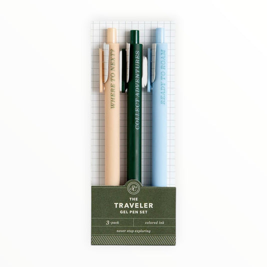 The Traveler Gel Pen Set by Studio Calico, 3 pack 0.5mm gel pens, cream dark green and light blue ink