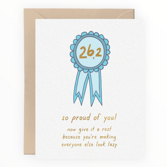 26.2 Marathon So Proud of You congratulations card by Tiny Hooray, blank interior, kraft envelope, 4.25 x 5.5 inches
