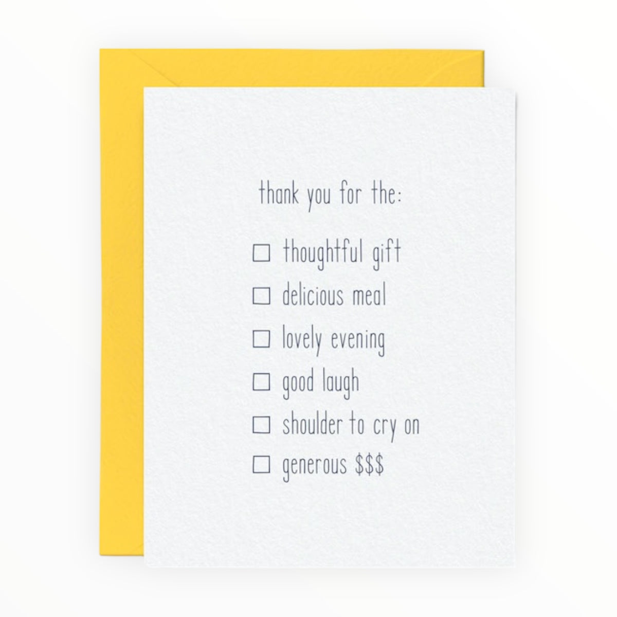 All Purpose Thank You greeting card by Tiny Hooray, blank interior, yellow envelope, 4.25 x 5.5 inches