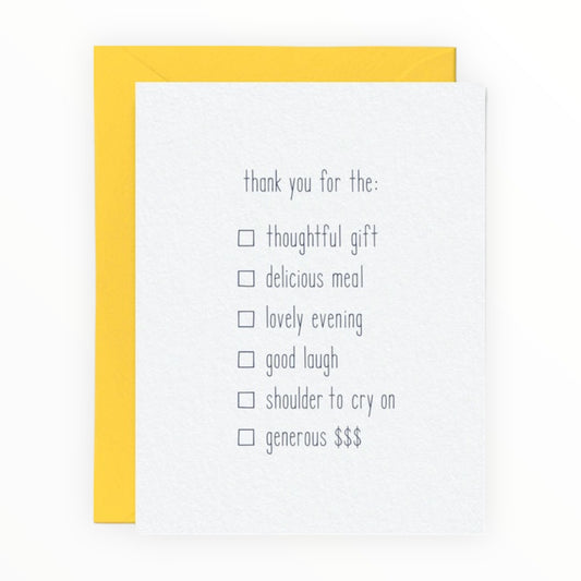 All Purpose Thank You greeting card by Tiny Hooray, blank interior, yellow envelope, 4.25 x 5.5 inches