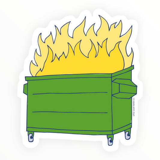 Dumpster Fire matte die-cut vinyl sticker by Tiny Hooray, 2 x 3 inches
