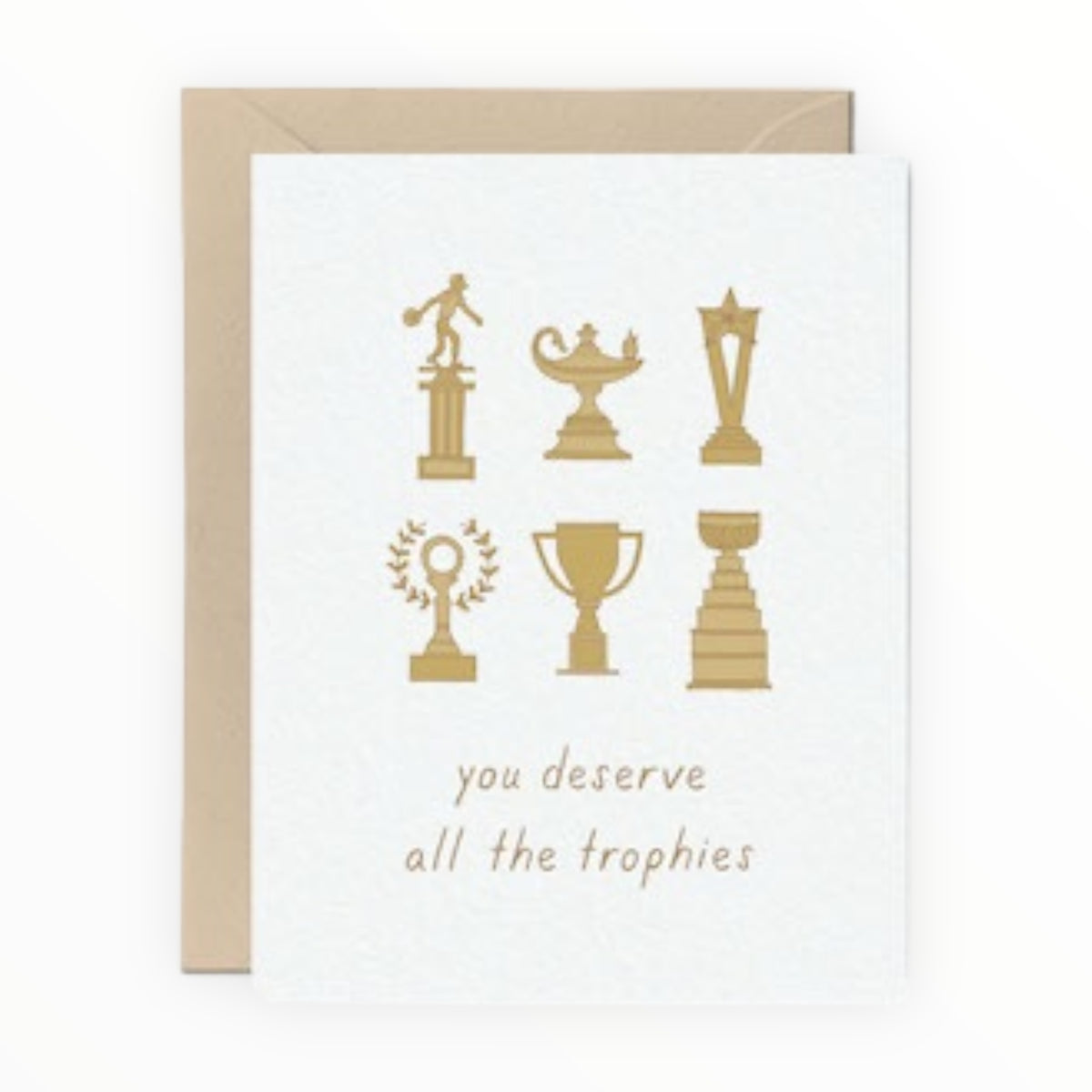 You Deserve All the Trophies congratulations card by Tiny Hooray, blank interior, kraft envelope, 4.25 x 5.5 inches