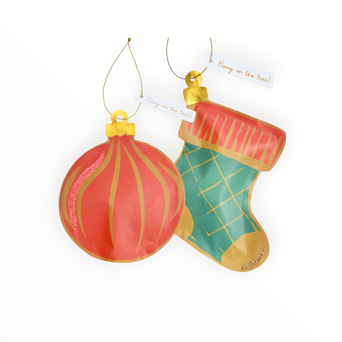 TOPS Malibu Holiday Surprise Pockets showing handcrafted red ornament and teal stocking shaped tear-open pockets with hang tags