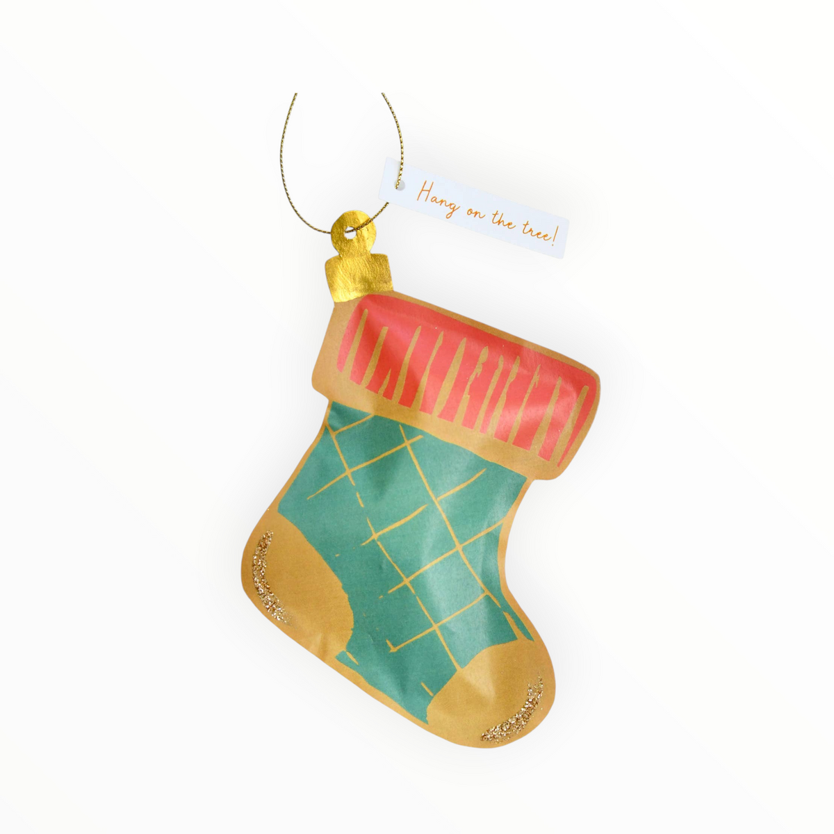 TOPS Malibu Holiday Surprise Pocket teal and gold stocking shaped handcrafted tear-open pocket with hang tag