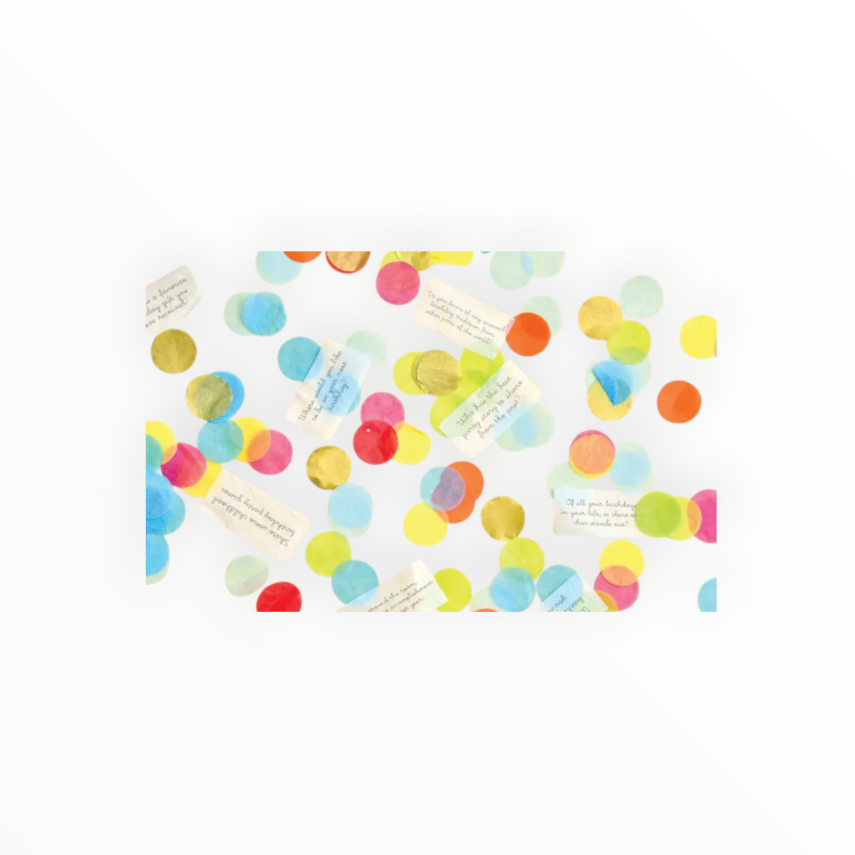 TOPS Malibu Confetti Talk colorful round confetti pieces and conversation starter slips spread on a white surface