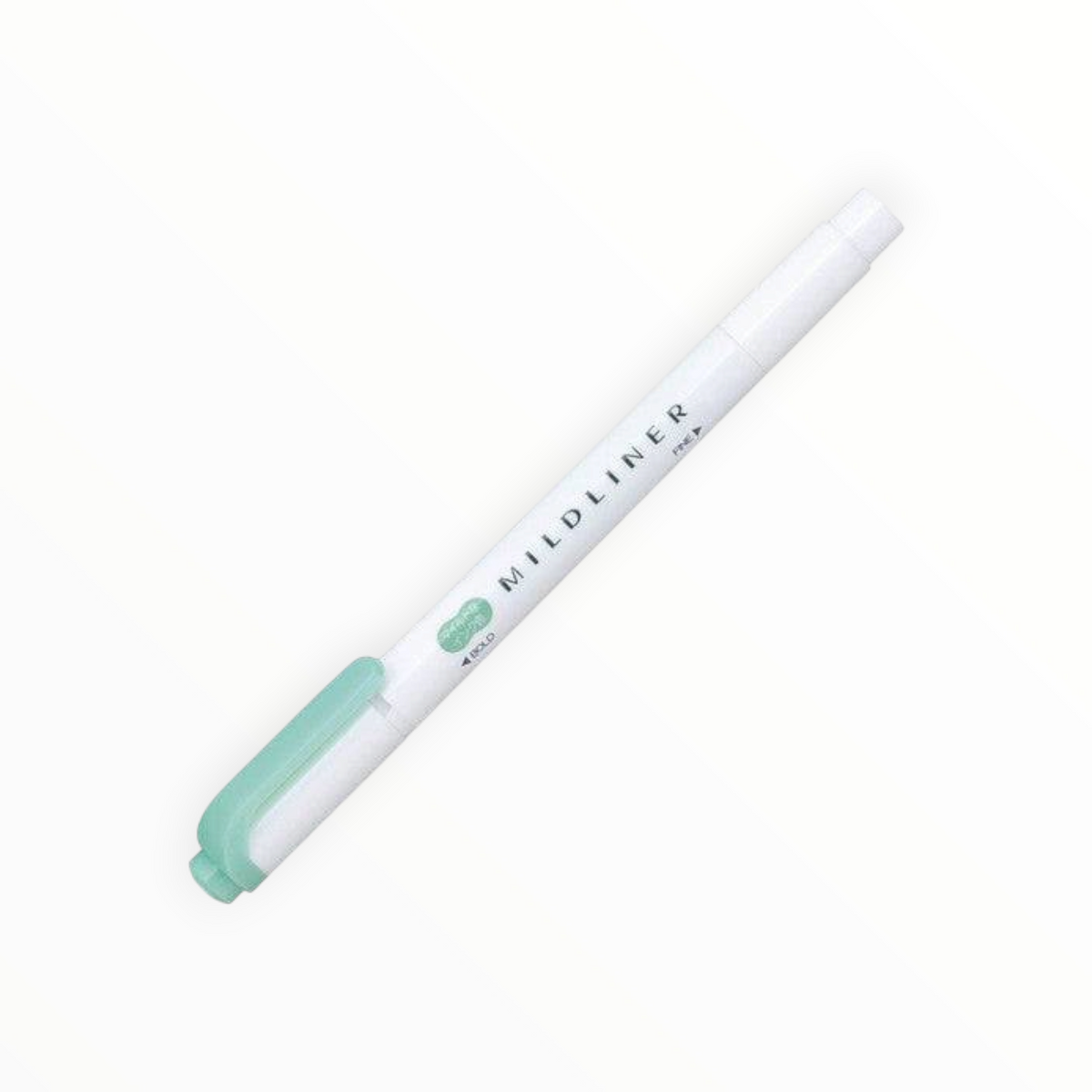 A white Mildliner gel pen with a mint green cap and a small mint green logo accent, shown diagonally on a clean white background.
