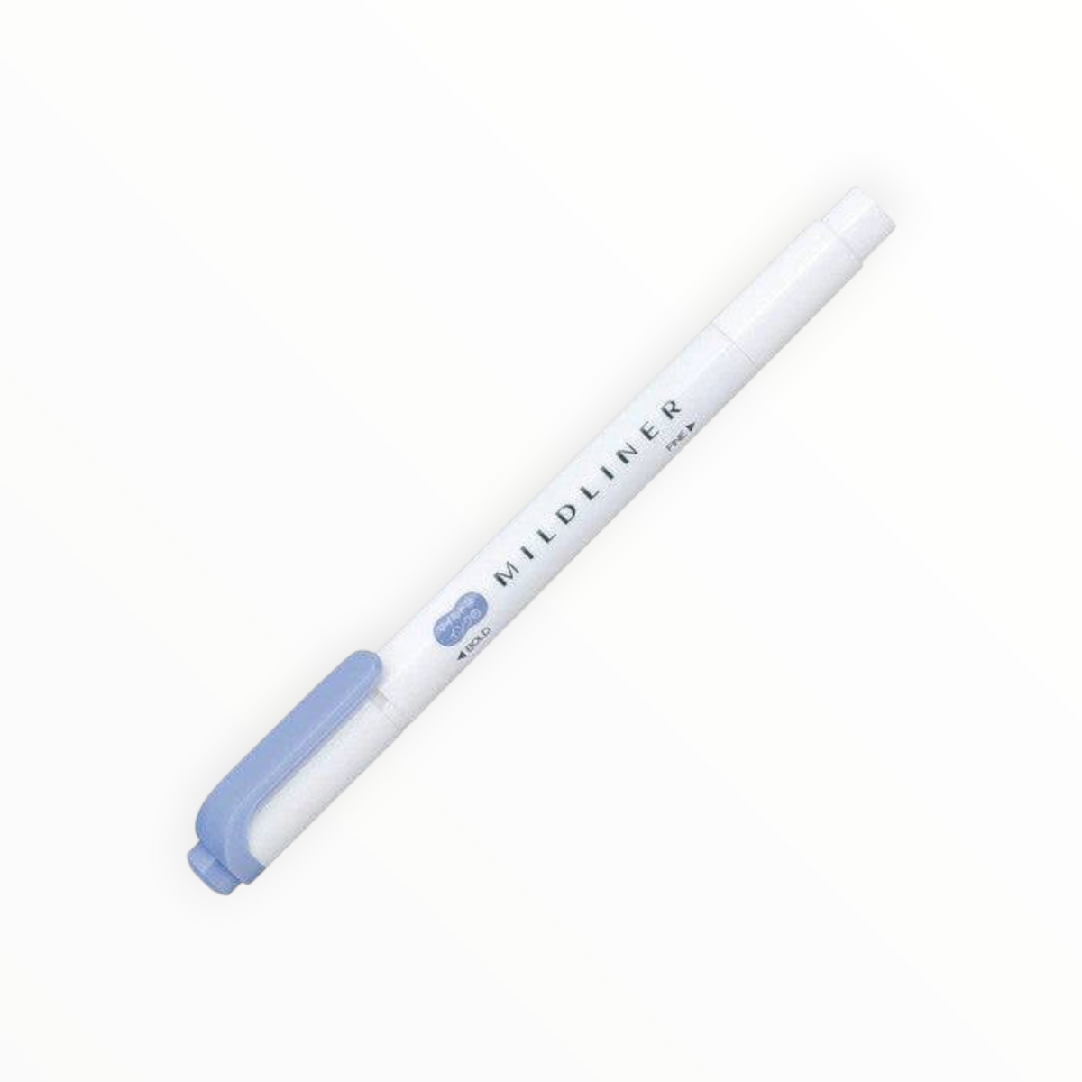 A white and light blue dual-tip highlighter pen with 'MILDLINER' printed on the barrel, shown diagonally on a plain white background.