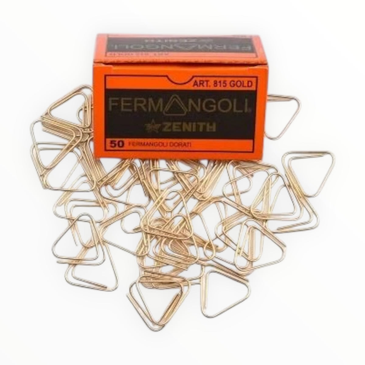 Fermangoli Corner Clip Gold Stainless Steel by Zenith, set of 50, each side 0.875 inches, triangle box packaging