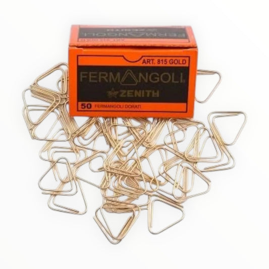 Fermangoli Corner Clip Gold Stainless Steel by Zenith, set of 50, each side 0.875 inches, triangle box packaging