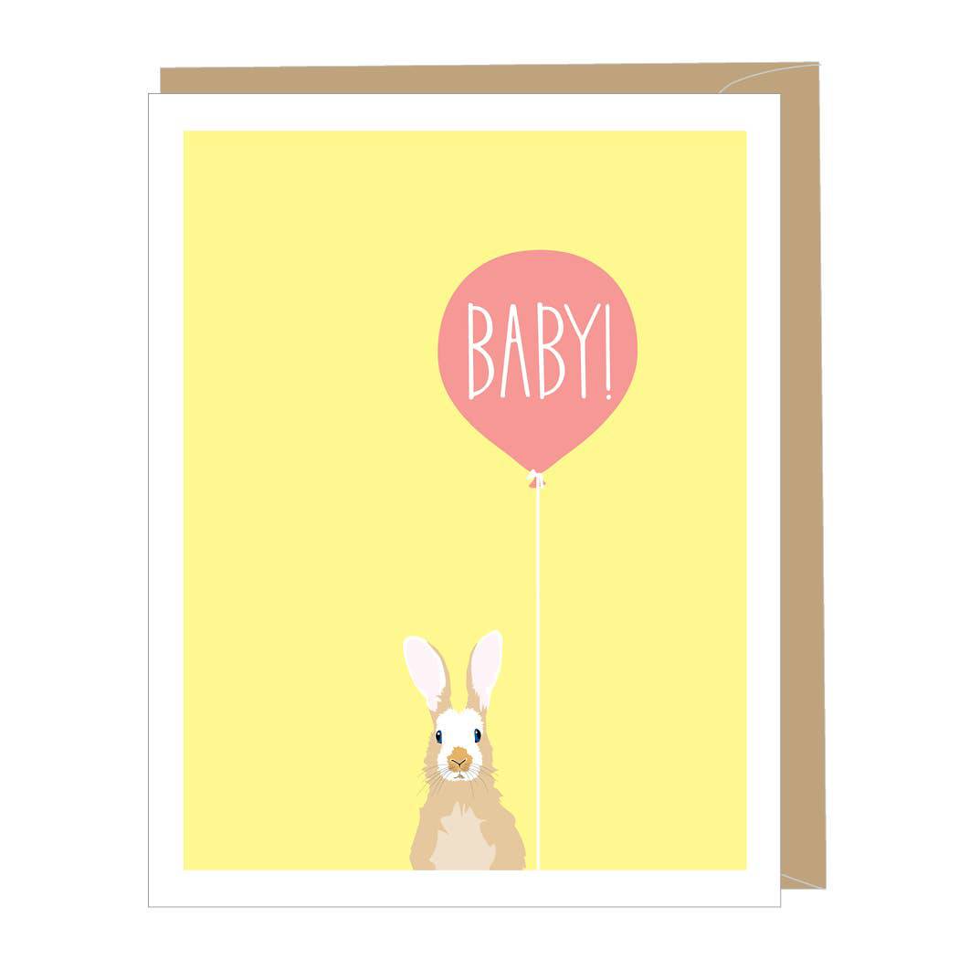 Baby balloon and bunny new baby congratulations card by Apartment 2 Cards, "A new baby yay!", 4.25 x 5.5 inches, kraft envelope