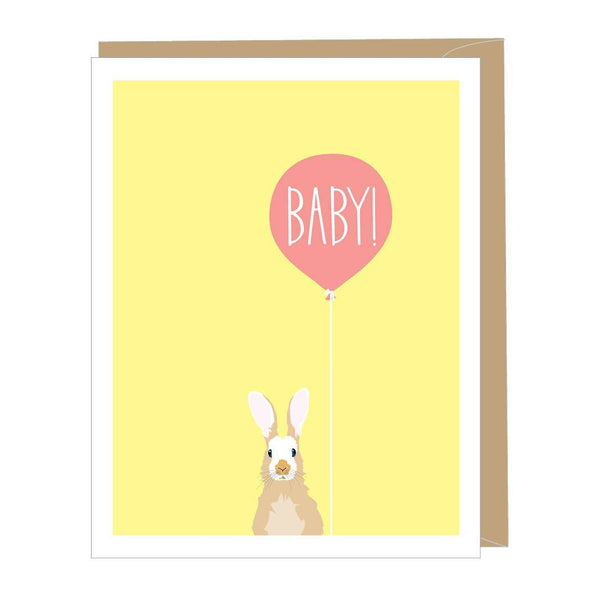 Baby balloon and bunny new baby congratulations card by Apartment 2 Cards, "A new baby yay!", 4.25 x 5.5 inches, kraft envelope