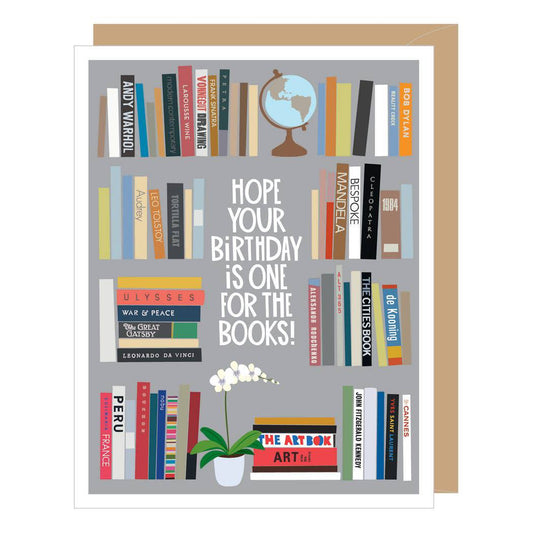 Bookshelf birthday card for book lovers by Apartment 2 Cards, "Hope your birthday is one for the books!", 4.25 x 5.5 inches, kraft envelope