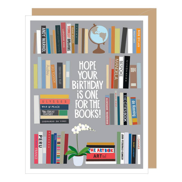 Bookshelf birthday card for book lovers by Apartment 2 Cards, "Hope your birthday is one for the books!", 4.25 x 5.5 inches, kraft envelope