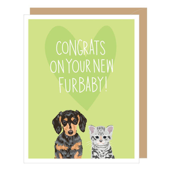 Congrats on your new furbaby new pet card by Apartment 2 Cards, puppy and kitten illustration, blank interior, 4.25 x 5.5 inches, kraft envelope