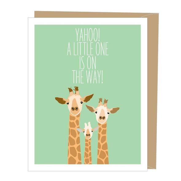 Giraffes new baby congratulations card by Apartment 2 Cards, "Yahoo a little one is on the way!", 4.25 x 5.5 inches, kraft envelope