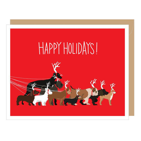 Holiday Dog Walk Christmas card by Apartment 2 Cards, reindeer dogs pulling a sleigh, blank interior, 4.25 x 5.5 inches, kraft envelope