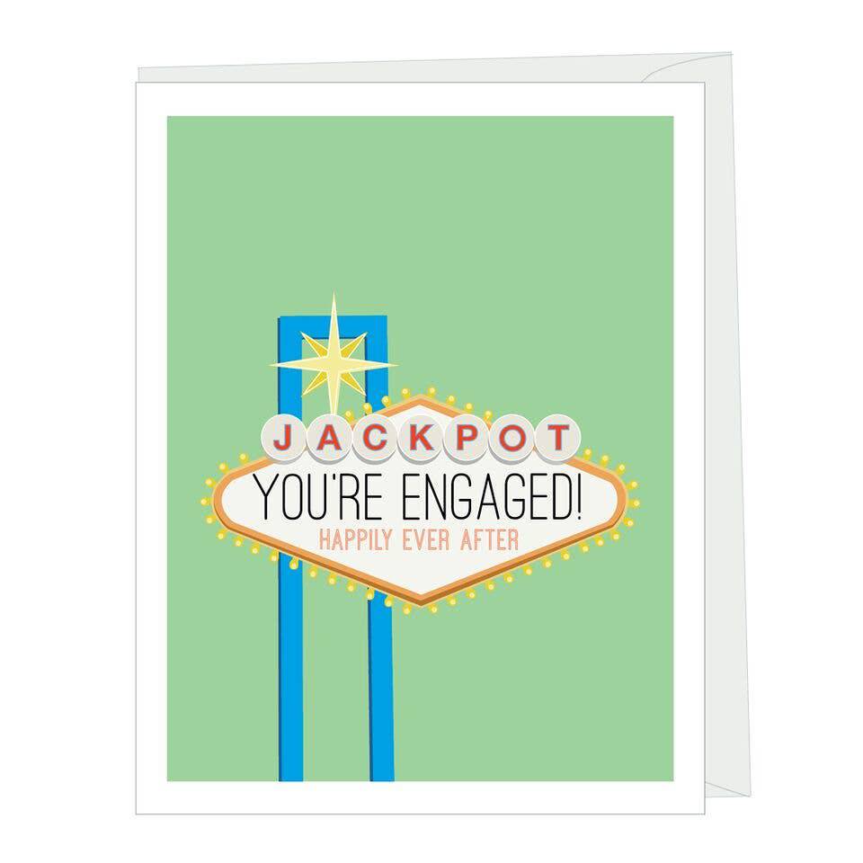 Vegas Jackpot engagement congratulations card by Apartment 2 Cards, "Jackpot you're engaged!", 4.25 x 5.5 inches, white envelope