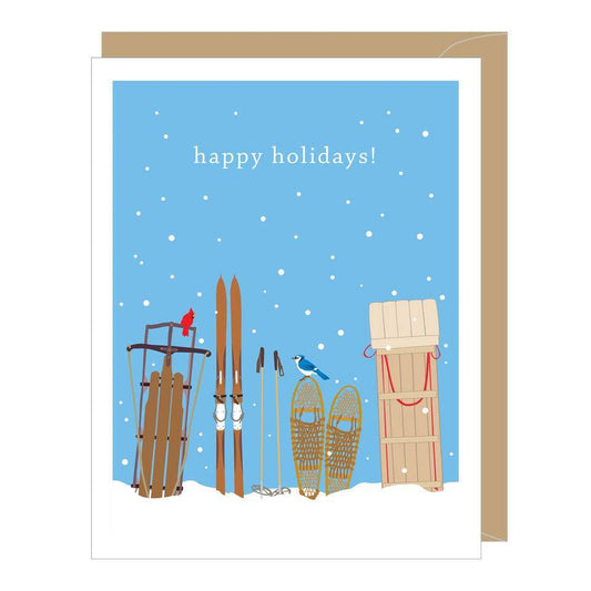 Winter Sleds holiday card by Apartment 2 Cards, sleds sleighs skis and snowshoes, "Wishing you joy and good cheer!", 4.25 x 5.5 inches, kraft envelope