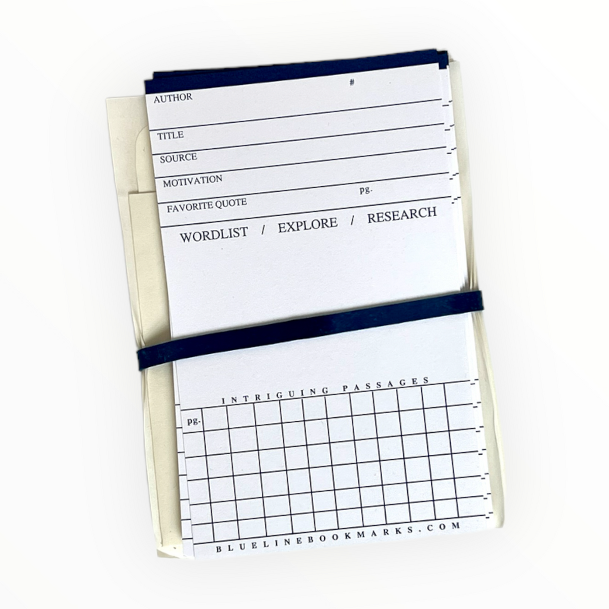Blue Line Bookmarks 12-pack with adhesive envelopes and navy rubber band, durable matte cardstock, 3 x 5 inches