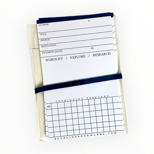 Blue Line Bookmarks 12-pack with adhesive envelopes and navy rubber band, durable matte cardstock, 3 x 5 inches