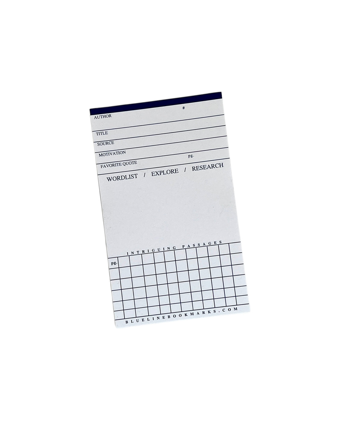 Blue Line Bookmarks 12-pack packaging detail with navy rubber band and adhesive envelopes