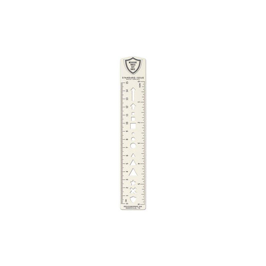 Standard Issue bullet template metal ruler 6 inch by DesignWorks Ink, flexible stainless steel with ruler and bookmarker, cream, 1.25 x 7.5 inches