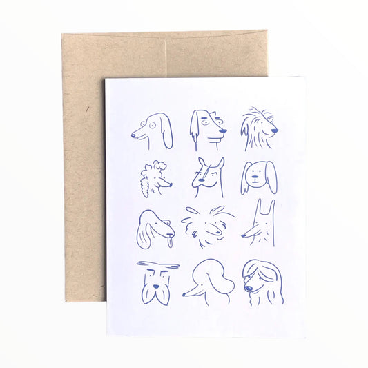Dogs! blank greeting card by EEW art & cards, dog illustration, 4.25 x 5.5 inches, kraft brown envelope